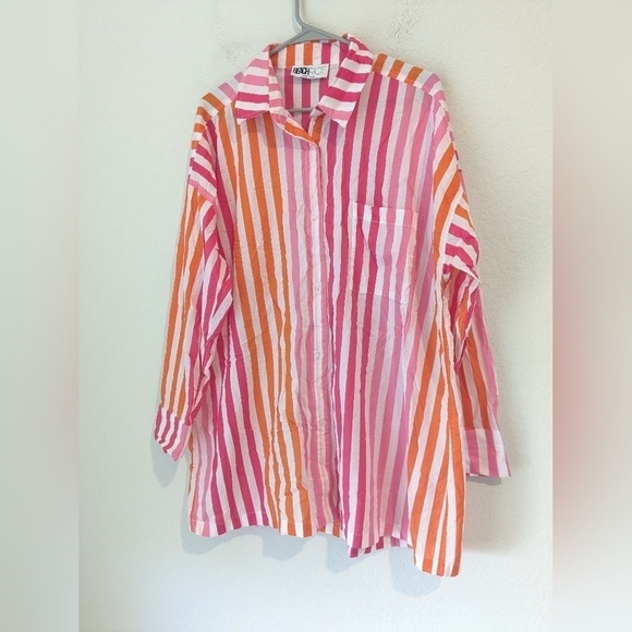 Beach Riot Pink Orange Stripe Alexa Long Sleeve Cotton Cover-Up Top Resortwear - Picture 6 of 11